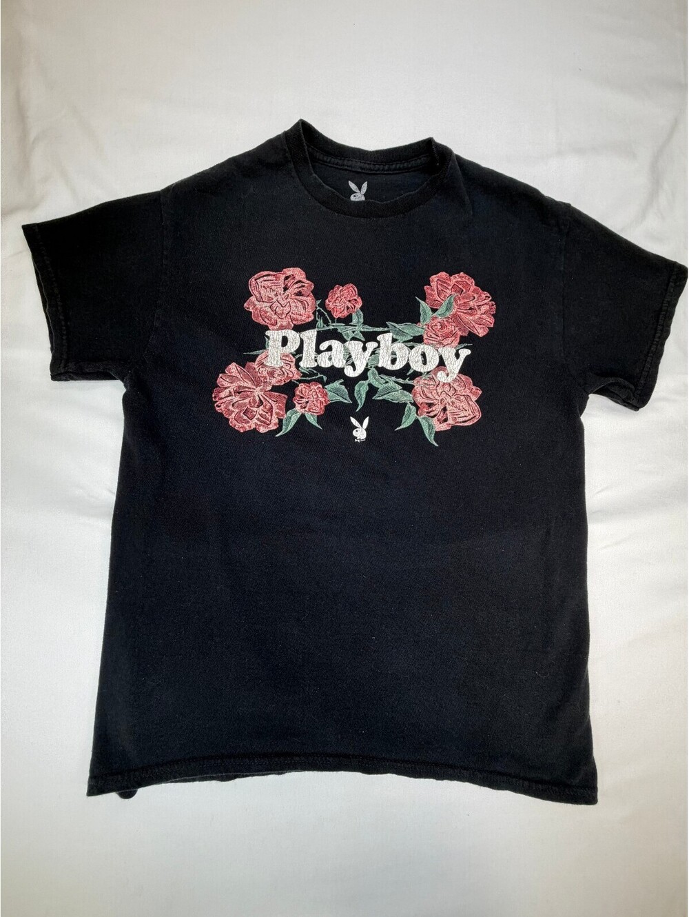 Play Boy Men's Graphic T-Shirt Crew Neck Roses Logo Cotton Size Medium Black